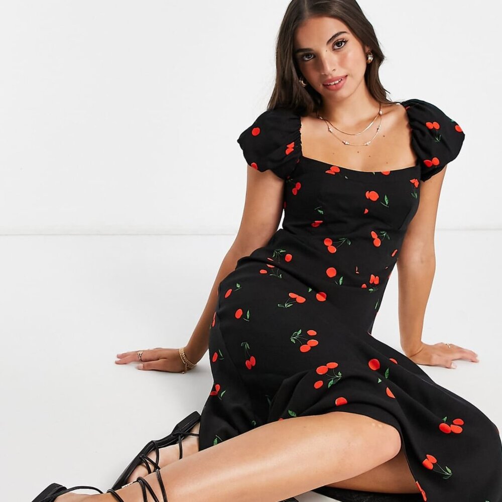 Women's Midi Dress in Black and Cherries Print by ASOS